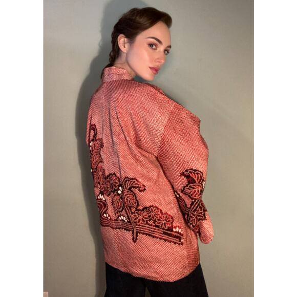 Kimono Haori Jacket Beautiful Pink Red Plum Flower Shibori Dyed ~ Breathtaking - Picture 2 of 11